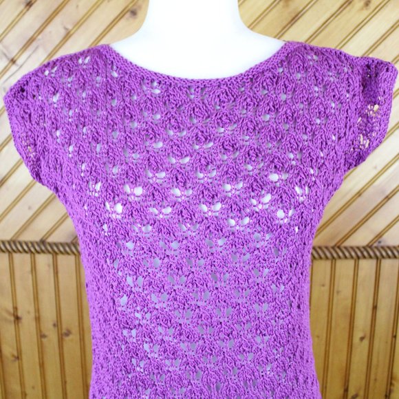 Purple Open Stitch Sweater Short Sleeve Handknit Handmade Small Knit Fall CA123 - Picture 6 of 9
